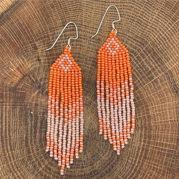Seed Bead Fringe Dangle Earrings Orange Peach Glass Beads Beadwork Beaded Long - Picture 5 of 7